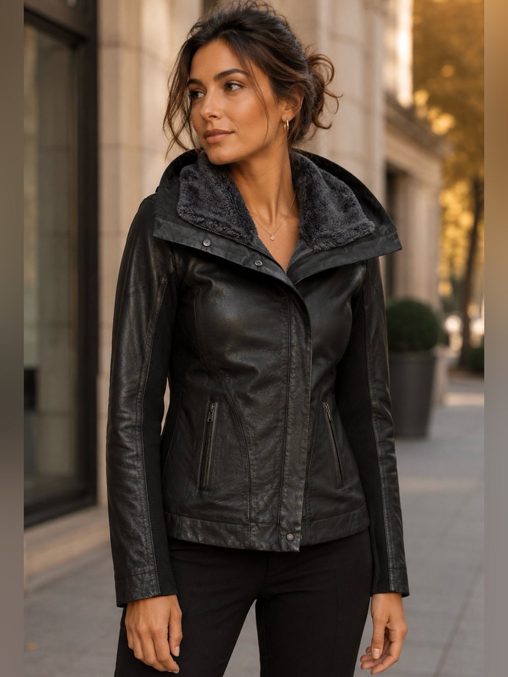 Danier Genuine Leather Jacket Real Grey Shearling Collar Small